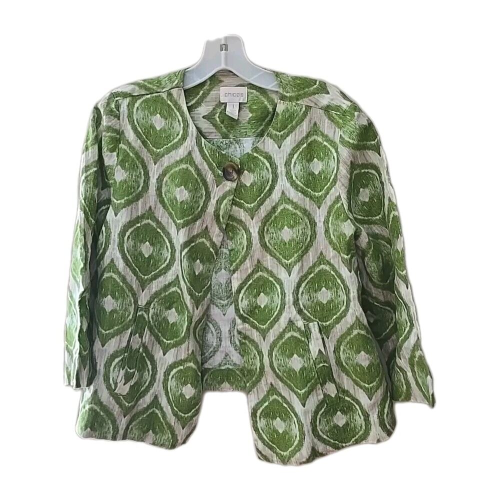 Chico's Green PModern Ikat Print Linen One-Button Blazer Jacket Womans‎ Size Md